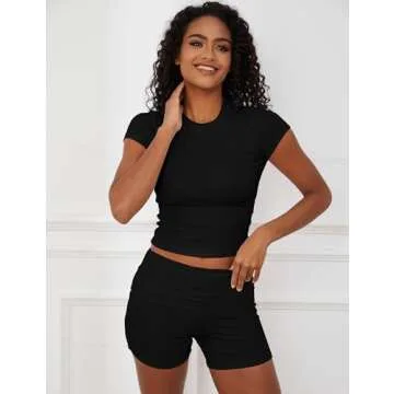 Livtany Women Yoga Lounge Sets Short Sleeve Crop Top and Low Rise Foldover Biker Shorts Set Ribbed Two Piece Outfit Tracksuit(Black, Medium)
