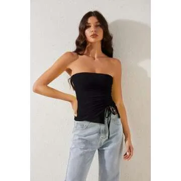 MISSACTIVER Women’s Strapless Sleeveless Tube Top Mesh Double Layer Ruched Side Asymmetrical Lace Up Bandeau Cami Tank Tops(Large,Black)