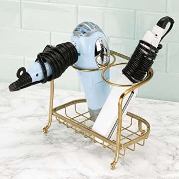 mDesign Hair Dryer and Hair Straightener Holder - Ideal for Storage of Hair Dryer, Hair Straightener, Hair Brushes, and More - Metal Hair Dryer Stand - Brass