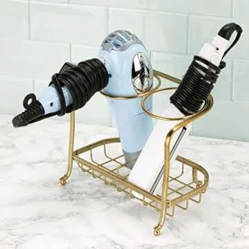 mDesign Hair Dryer and Hair Straightener Holder - Ideal for Storage of Hair Dryer, Hair Straightener, Hair Brushes, and More - Metal Hair Dryer Stand - Brass