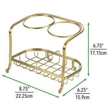 mDesign Hair Dryer and Hair Straightener Holder - Ideal for Storage of Hair Dryer, Hair Straightener, Hair Brushes, and More - Metal Hair Dryer Stand - Brass