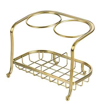 mDesign Hair Dryer and Hair Straightener Holder - Ideal for Storage of Hair Dryer, Hair Straightener, Hair Brushes, and More - Metal Hair Dryer Stand - Brass