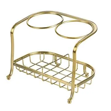 mDesign Hair Dryer and Hair Straightener Holder - Ideal for Storage of Hair Dryer, Hair Straightener, Hair Brushes, and More - Metal Hair Dryer Stand - Brass