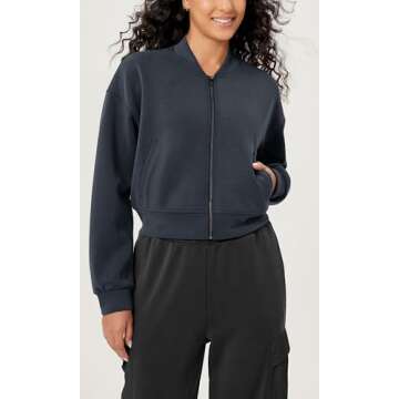 ODODOS Modal Soft Full-Zip Bomber Jacket for Women Long Sleeve Casual Fall Outfit Crop Top with Pockets, Blue Navy, Large