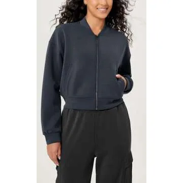 ODODOS Modal Soft Full-Zip Bomber Jacket for Women Long Sleeve Casual Fall Outfit Crop Top with Pockets, Blue Navy, Large