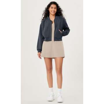 ODODOS Modal Soft Full-Zip Bomber Jacket for Women Long Sleeve Casual Fall Outfit Crop Top with Pockets, Blue Navy, Large