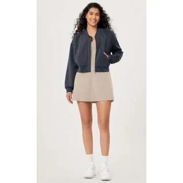 ODODOS Modal Soft Full-Zip Bomber Jacket for Women Long Sleeve Casual Fall Outfit Crop Top with Pockets, Blue Navy, Large