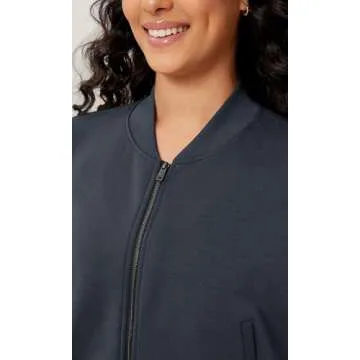 ODODOS Modal Soft Full-Zip Bomber Jacket for Women Long Sleeve Casual Fall Outfit Crop Top with Pockets, Blue Navy, Large