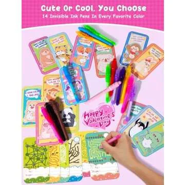 MESAOKTA 28 Pcs Valentines Day Gifts for Kids with Invisible Ink Pens, 14 Design Valentines Day Cards for Kids School, Valentines Exchange Gifts for Kids, Valentine School Classroom Exchange Prizes