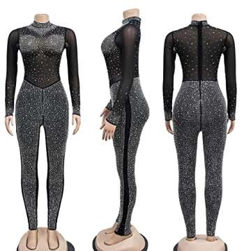 Hotheart Womens Sexy Long Sleeve Mesh Paneled Rhinestones Bodycon Party Clubwear Jumpsuit Rompers Black