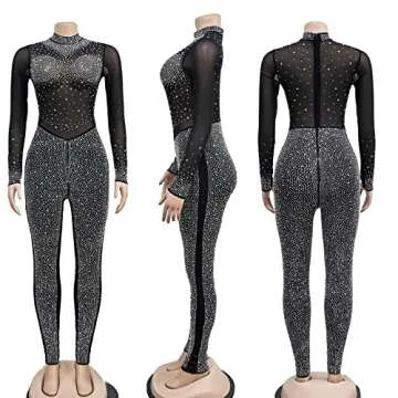 Hotheart Sexy Long Sleeve Mesh Rhinestones Jumpsuit