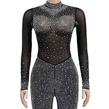 Hotheart Womens Sexy Long Sleeve Mesh Paneled Rhinestones Bodycon Party Clubwear Jumpsuit Rompers Black