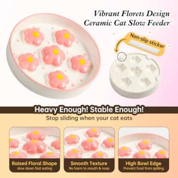 Ceramic Cat Slow Feeder Bowl - 6 OZ Puzzle Food Dish for Healthy Eating - Shallow Wide Whisker Friendly - Dishwasher Safe - 6.3 x 1.2 Inch - Blush Pink Flower