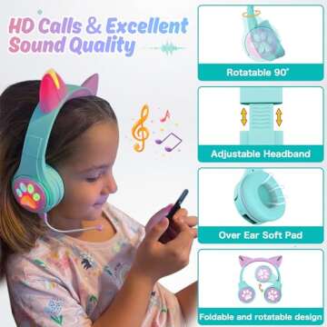 Riwbox CF9 Cat Ear Kids Bluetooth Headphones with Colorful Led, 85dB Limit & Mic
