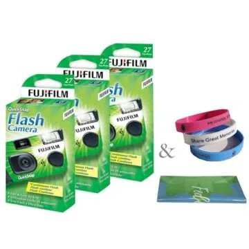 Fujifilm QuickSnap Flash 400 Disposable 35mm Camera Plus a Bonus Eco-Friendly Silicone Wrist Band and a Microfiber Cleaning Cloth (3 Pack)
