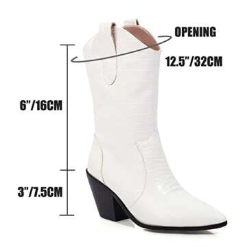 Women’s Stylish White Cowboy Boots with Chunky Heel