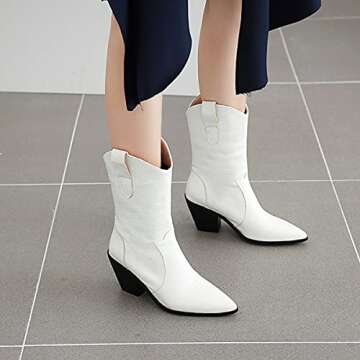 Women’s Stylish White Cowboy Boots with Chunky Heel