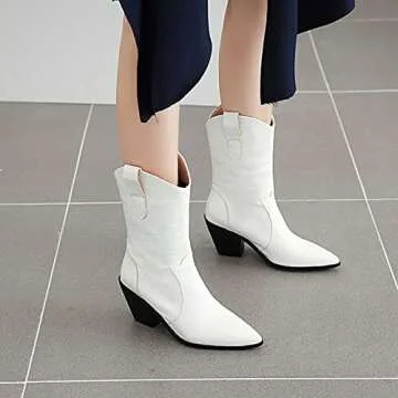 Women’s Stylish White Cowboy Boots with Chunky Heel