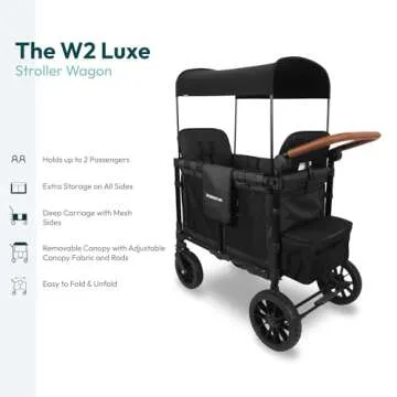 WONDERFOLD W2 Luxe Stroller Wagon (2 Seater) - Collapsible Wagon Stroller with Seats with Magnetic Buckle 5-Point Harnesses and Adjustable Sun Canopy, Charcoal Black