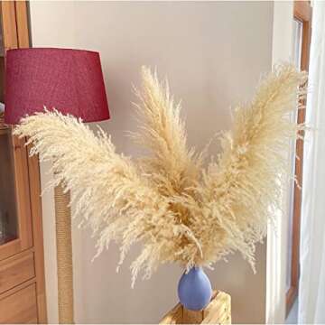 Pampas Grass, Pampas Grass Decor Tall 48 inch (4ft) ,5PCS Natural Dried Pompas Grass Decor, Large Pampas Grass Tall Fluffy, Beige Pompous Grass for Wedding Boho Home Decor (5 Stems)