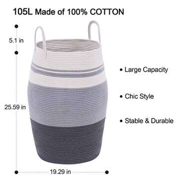 YOUDENOVA Extra Large Cotton Laundry Hamper for Stylish Storage