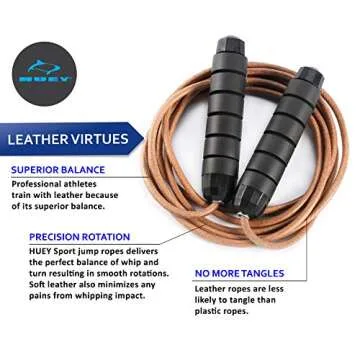 HUEY Sport Weighted 1lb Leather Jump Rope Adjustable Skipping Rope for Speed Quiet Training Boxing MMA Cardio Crossfit Fitness Workout Indoor and Outside Exercise for Beginner Kids Men and Women