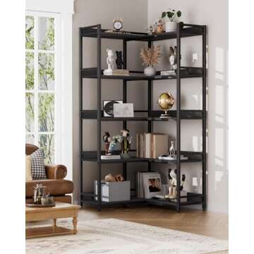 Aquzee Large 5-Tier Corner Bookshelf - Modern Tall Corner Shelf Storage Display Rack with Sturdy Met...