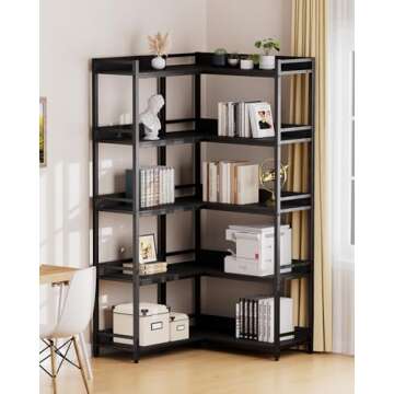 Aquzee Large 5-Tier Corner Bookshelf - Modern Tall Corner Shelf Storage Display Rack with Sturdy Metal Frame - Perfect for Living Room, Home Office, Books and Decor Display