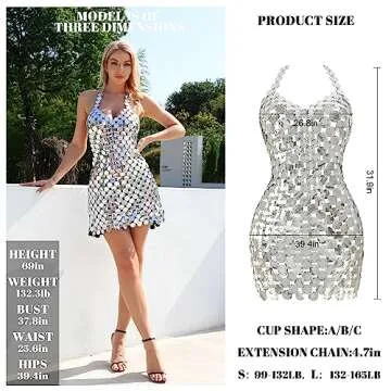 BELLALULU Sequin Body Chain Dress, Sexy Halter Backless Beach Bikini Dress, Summer Hollow V-Neck Pu Body Jewelry for Women, Night Club Festivals Party Rave Outfits