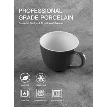 Sweese Coffee Mug, 17 Ounce Porcelain Soup Mugs with Handles, Jumbo Mugs Set of 2, Large Coffee Mugs for Coffee, Tea, Soup, Ice Cream, Cereal, Gray No.620.213