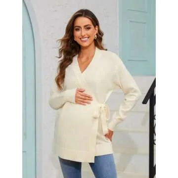 Liu & Qu Women's V-Neck Maternity Sweater Tops Tie Front Wrap Knit Maternity Shirts Pregnancy Clothes White