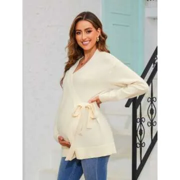 Liu & Qu Women's V-Neck Maternity Sweater Tops Tie Front Wrap Knit Maternity Shirts Pregnancy Clothes White