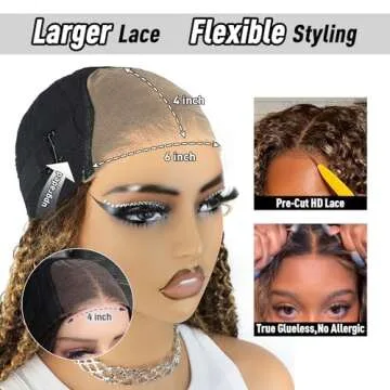 Balayage Highlight Wear and Go Glueless Wig for Beginners 20 inch, Kinky Curly Glueless Wigs Human Hair Pre Plucked Pre Cut Ombre Blonde 4/27, 6x4 HD Lace Front Wig for Black Women 200% Density