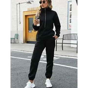 Kissonic Womens Two Piece Outfits Tracksuit Sets Half Zipper Fleece Joggers 2 Piece Long Sleeve Sweatshirts Jogger Pant(Black-M)