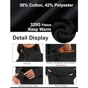 Kissonic Womens Two Piece Outfits Tracksuit Sets Half Zipper Fleece Joggers 2 Piece Long Sleeve Sweatshirts Jogger Pant(Black-M)