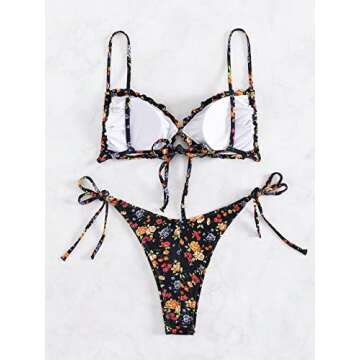 WDIRARA Women's Floral Print Tie Side Swimwear Straps Bikini Sets Swimsuits