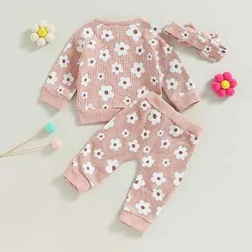 Newborn Baby Girl Clothes Set Flower Print Sweatshirts Tops Pants Bow Headband 6 12 18 24 Months Infant Fall Clothes (A Pink, 18-24 Months)