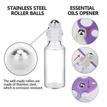 Easytle Essential Oil Roller Bottles 24 Pack 5ml Clear Glass Roller Bottles for Oils (96 Pieces Labels, 2 Opener, 4 Funnels, 4 Dropper) Roll on Bottles with Stainless Steel Roller Balls and Caps