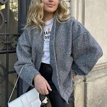 Ainangua Women's Casual Wool Blend Jacket Stand Collar Button Down Long Sleeve Bomber Shacket Jackets Outerwear(Dark Gray,S)