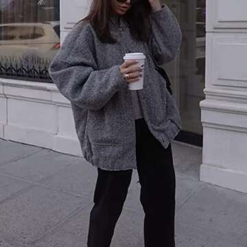 Ainangua Women's Casual Wool Blend Jacket Stand Collar Button Down Long Sleeve Bomber Shacket Jackets Outerwear(Dark Gray,S)