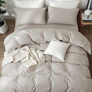 MooMee Bedding Duvet Cover Set 100% Washed Cotton Linen Like Textured Breathable Durable Soft Comfy (Cream Grey, King)