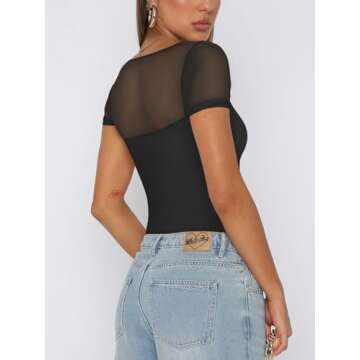 REORIA Women's Sexy Square Neck Short Sleeve Mesh Double Lined Slimming 2024 Trendy Going Out Bodysuits Tops Black Small