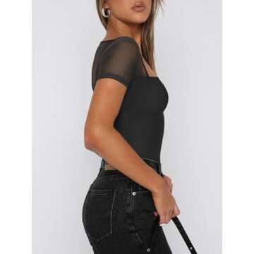 REORIA Women's Sexy Square Neck Short Sleeve Mesh Double Lined Slimming 2024 Trendy Going Out Bodysuits Tops Black Small