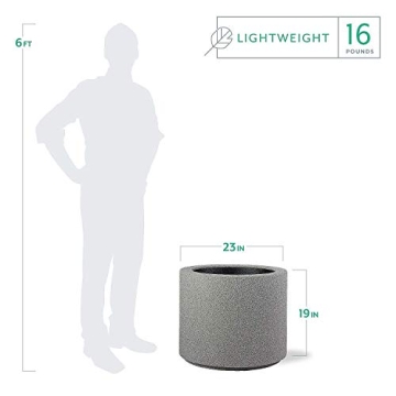 PolyStone Baja Modern Outdoor/Indoor Round Planter, 23" L x 23" W x 19" H, Lightweight, Heavy Duty, Weather Resistant, Polymer Finish, Commercial Grade and Residential, Drain Hole (Gray Granite)