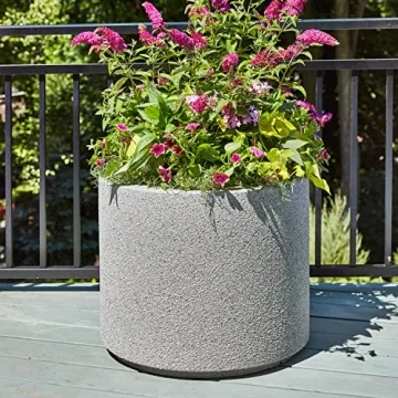 PolyStone Baja Modern Outdoor/Indoor Round Planter, 23" L x 23" W x 19" H, Lightweight, Heavy Duty, Weather Resistant, Polymer Finish, Commercial Grade and Residential, Drain Hole (Gray Granite)