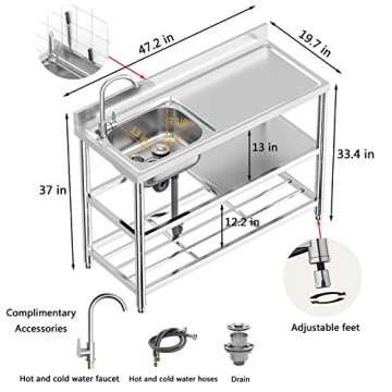 Free Standing Stainless-Steel Single Bowl Commercial Restaurant Kitchen Sink Set w/Faucet & Drainboa...