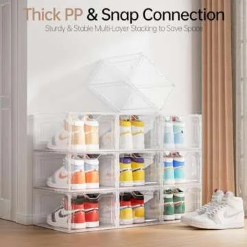 Delamu Large Sturdy Shoe Organizer, 6 Pack Plastic Shoe Storage Boxes with Magnetic Door, Clear Shoe Boxes Stackable for Closet, Shoe Containers for Sneaker Storage, Display Shoe Case for US Size 12