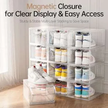 Delamu Large Sturdy Shoe Organizer, 6 Pack Plastic Shoe Storage Boxes with Magnetic Door, Clear Shoe Boxes Stackable for Closet, Shoe Containers for Sneaker Storage, Display Shoe Case for US Size 12
