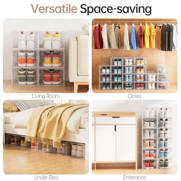 Delamu Large Sturdy Shoe Organizer, 6 Pack Plastic Shoe Storage Boxes with Magnetic Door, Clear Shoe Boxes Stackable for Closet, Shoe Containers for Sneaker Storage, Display Shoe Case for US Size 12