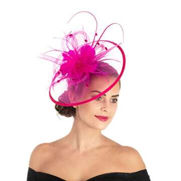 Lucky Leaf Women Girl Fascinators with Hair Clip Hairpin Hat Bowknot Feather Flower Veil Cocktail Wedding Tea Party Hat (8-Fuschia)